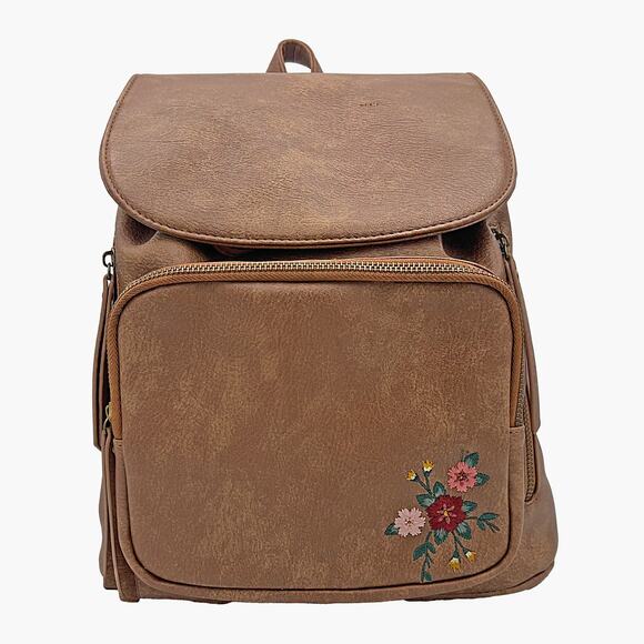 NWOT UNDER ONE SKY Faux Leather Floral Small Backpack (Tan/Cognac) - Picture 3 of 10